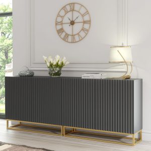 Grey Matt Ribbed Sideboard Cabinet 200cm with Gold Frame Base – Modular Push to Open Storage Unit