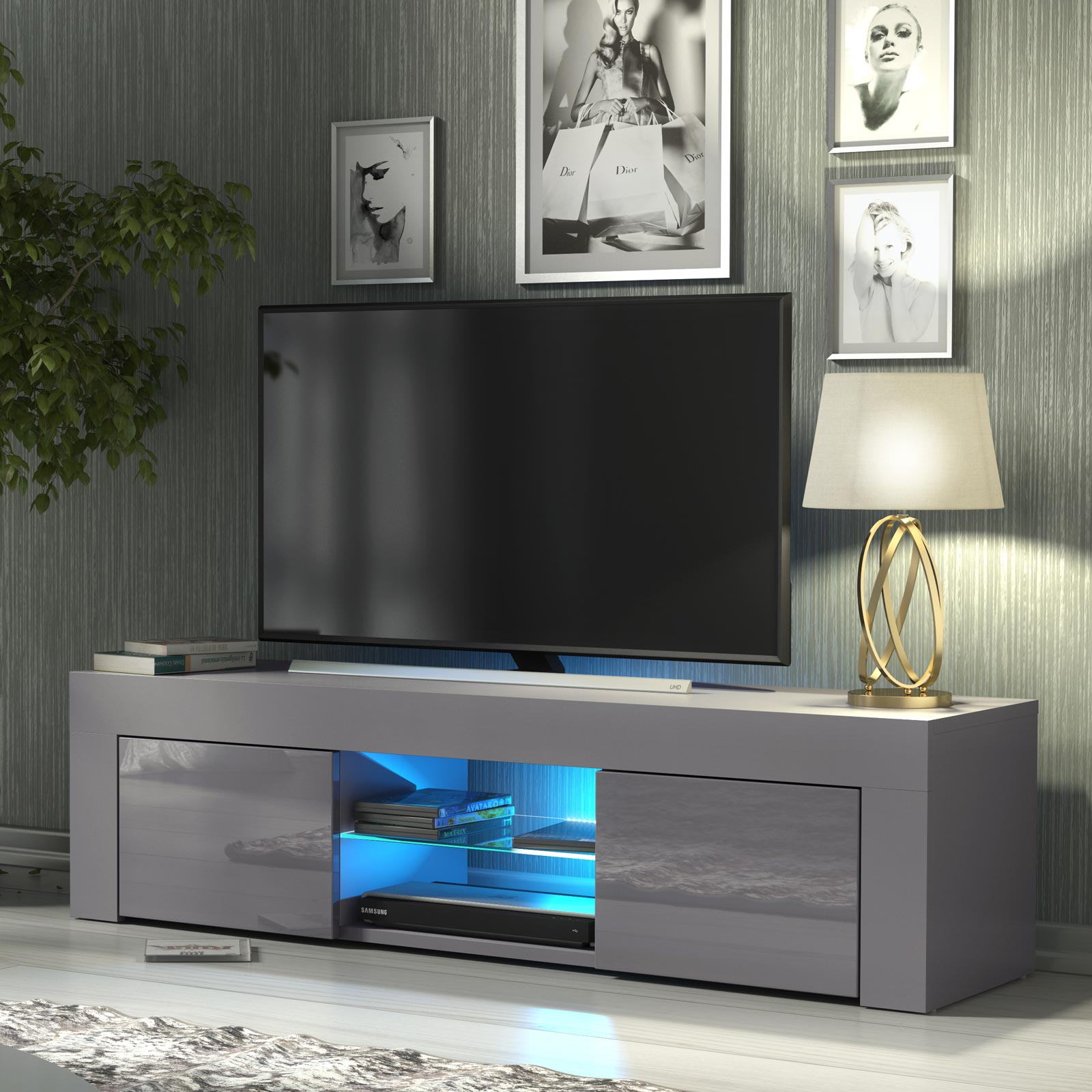 Modern 130cm Grey Matt & Grey Gloss TV Unit — Contemporary Media Cabinet with Push-to-Open Storage