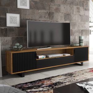 Oak & Black 200cm TV Unit – Ribbed Doors & Drawer – Modern Industrial Media Console
