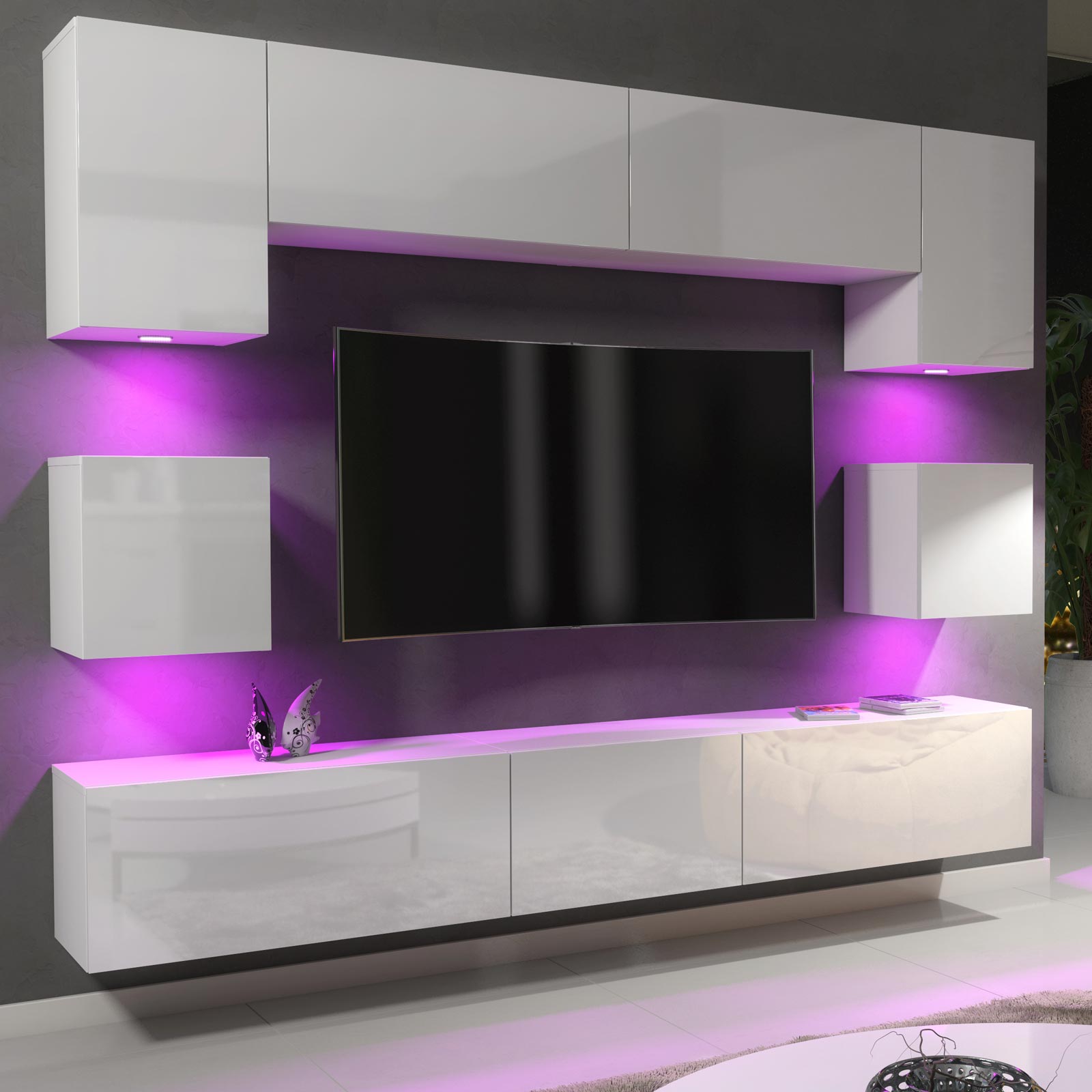 Modern 242cm White Matt & White Gloss Wall Unit – 9 Piece Modular TV Living Room Set with RGB LED Lights - Image 5