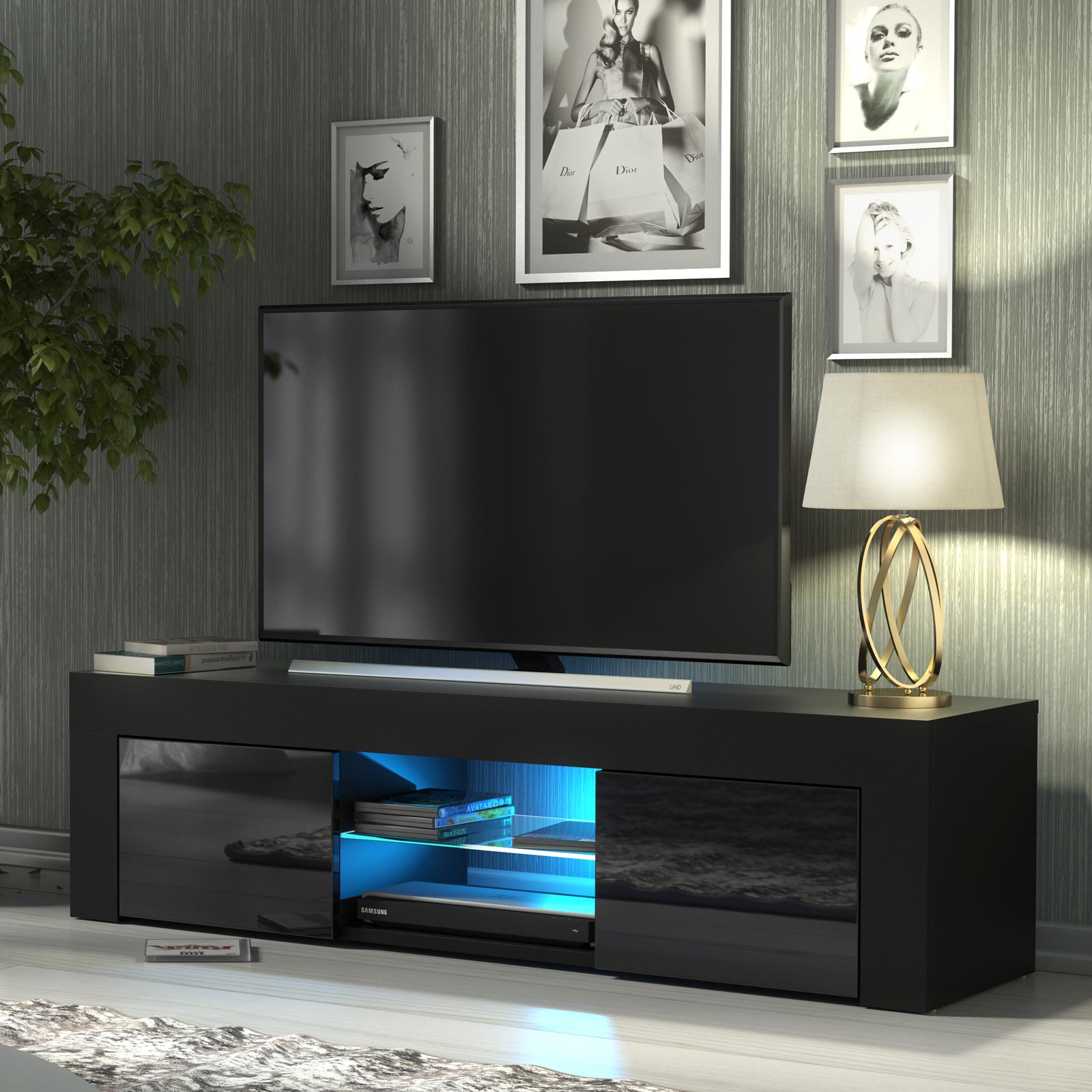 Modern 130cm Black Matt & Black Gloss TV Unit — Contemporary Media Cabinet with Push-to-Open Storage