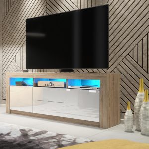 160cm Modern TV Unit Oak Matt & White Gloss with Free LED Lights, Push-to-Open Doors and Drawers, Media Storage Cabinet for Living Room