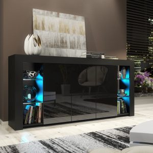 164cm Modern Sideboard Black Matt & Black Gloss with Free LED Lights – 3 Push-to-Open Doors, Glass Display Storage Cabinet