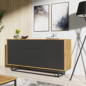 140cm Industrial Oak & Black Sideboard with Black Metal Frame – 2 Push-to-Open Doors & 3 Drawers, Modern Storage Cabinet