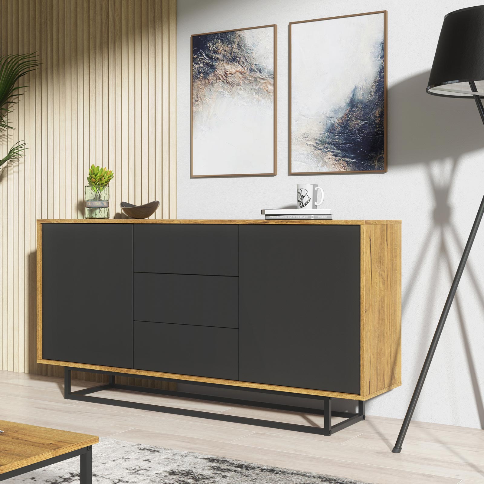 140cm Industrial Oak & Black Sideboard with Black Metal Frame – 2 Push-to-Open Doors & 3 Drawers, Modern Storage Cabinet