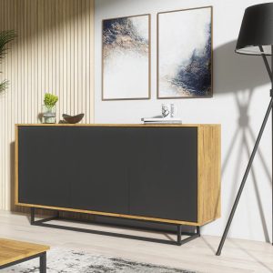 160cm Oak & Black Sideboard Cabinet – Modern Wooden Storage Cupboard with 3 Push-to-Open Doors on Metal Frame for Living Room & Dining Room