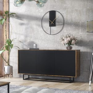 160cm Industrial Oak & Black Sideboard Cabinet – Modern Storage Cupboard with 3 Push-to-Open Doors on Metal Frame for Living Room & Dining Room