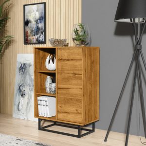 Oak Small Cupboard / Sideboard Cabinet with Black Metal Frame – Modern Storage Unit with Push-to-Open Door – 70cm Wide