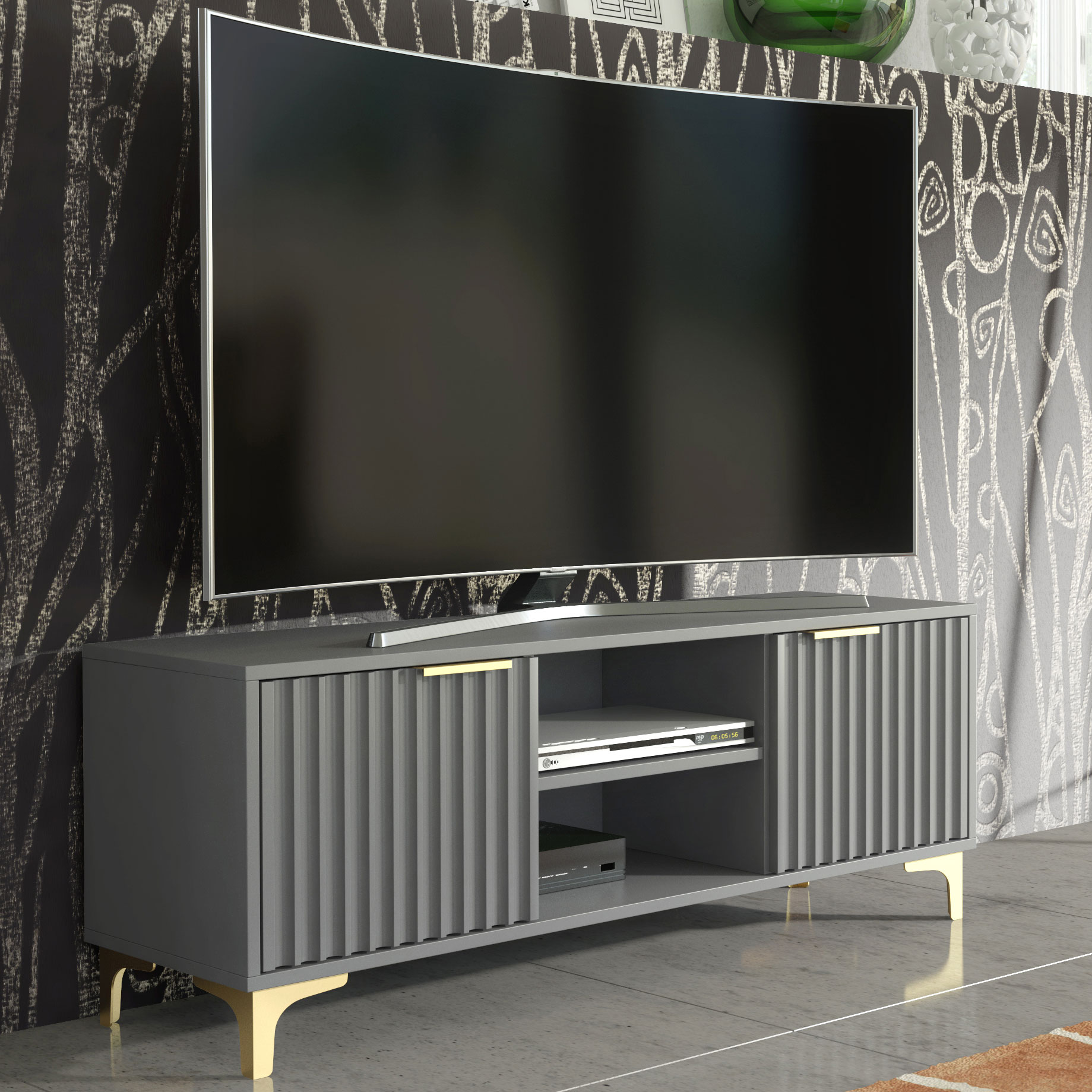 120cm Grey Fluted TV Unit with Gold Handles & Gold Legs – Modern Ribbed Media Cabinet