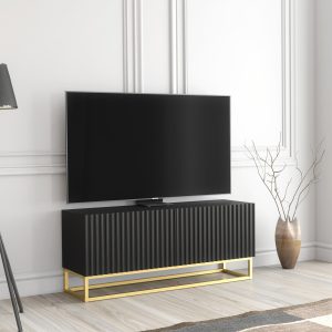 Black Ribbed TV Unit 100cm – Matt Finish with Gold Frame – Modular Storage Cabinet