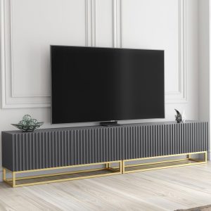 200cm Modular TV Unit Grey Matt with Ribbed Fronts & Gold Frame – Contemporary Media Storage Cabinet