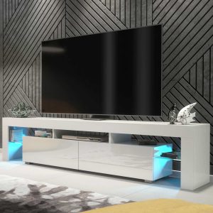 Extra-Wide 200cm White Matt & White Gloss TV Unit — Modern Media Cabinet with LED Glass Display, Push-to-Open Drop-Down Storage & AV Niches