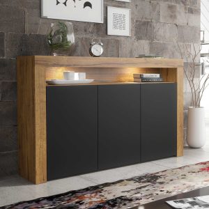 155cm Modern Sideboard Oak Matt & Black Matt, 3 Push-to-Open Doors, Free LED Lights, Contemporary Storage Cabinet for Living Room