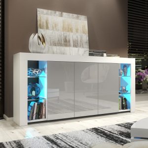 164cm Modern Sideboard White Matt & Grey Gloss with Free LED Lights – 3 Push-to-Open Doors, Glass Display Shelves, Contemporary Storage Cabinet