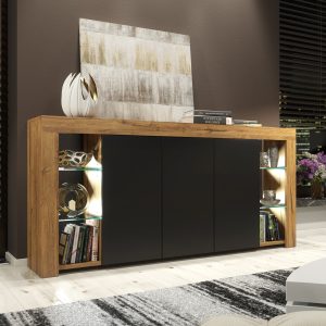 164cm Modern Sideboard Oak Matt & Black Matt with Free LED Lights – 3 Push-to-Open Doors, Glass Display Storage Cabinet