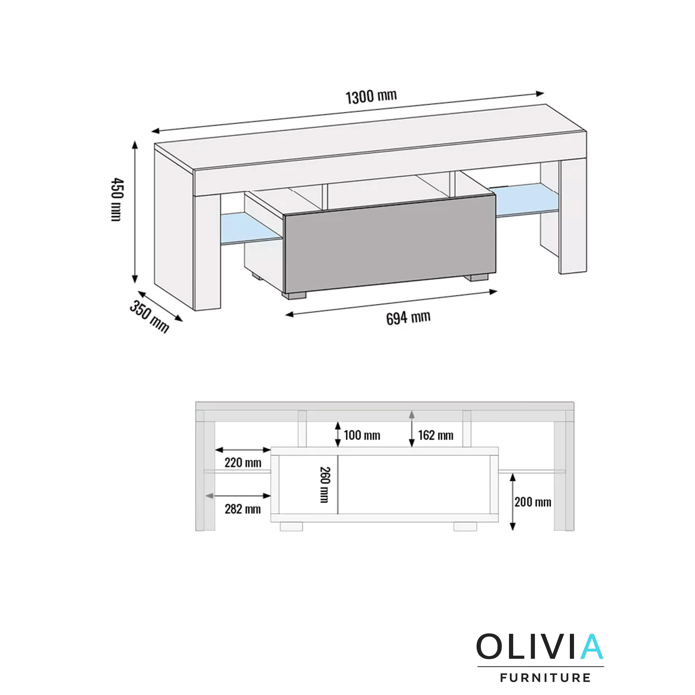 130cm Oak Matt & White Gloss TV Unit with Glass Shelves, Drop-Down Storage & Push-to-Open Doors - Image 4