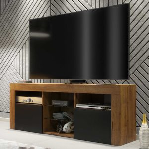 Modern 145cm Oak Matt & Black Matt TV Unit — Contemporary Media Cabinet with Glass Shelves & Push-to-Open Doors