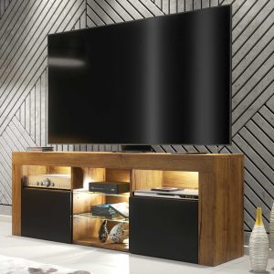 Modern 145cm Oak Matt & Black Matt TV Unit — Contemporary Media Cabinet with Glass Shelves, Push-to-Open Doors & Integrated Storage